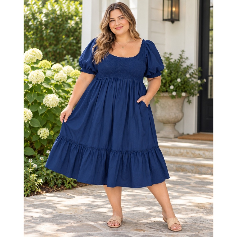 Hill House Home The Nap Dress Navy Blue Smocked Puff Sleeve Midi XXL 4051